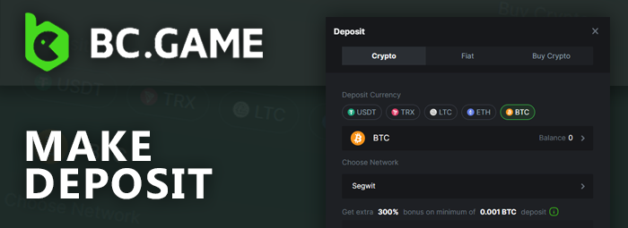 Fund your BC Game account with cryptocurrency, fiat money or NFT